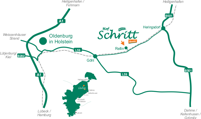 Anfahrt Demeter Hof Schritt, Rellin 13, 23777 Heringsdorf